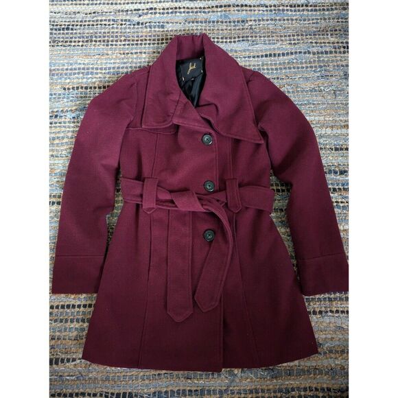 Urban Outfitters S Deep Red Belted Peacoat Single Breasted Lagenlook Fall Winter - Picture 2 of 8